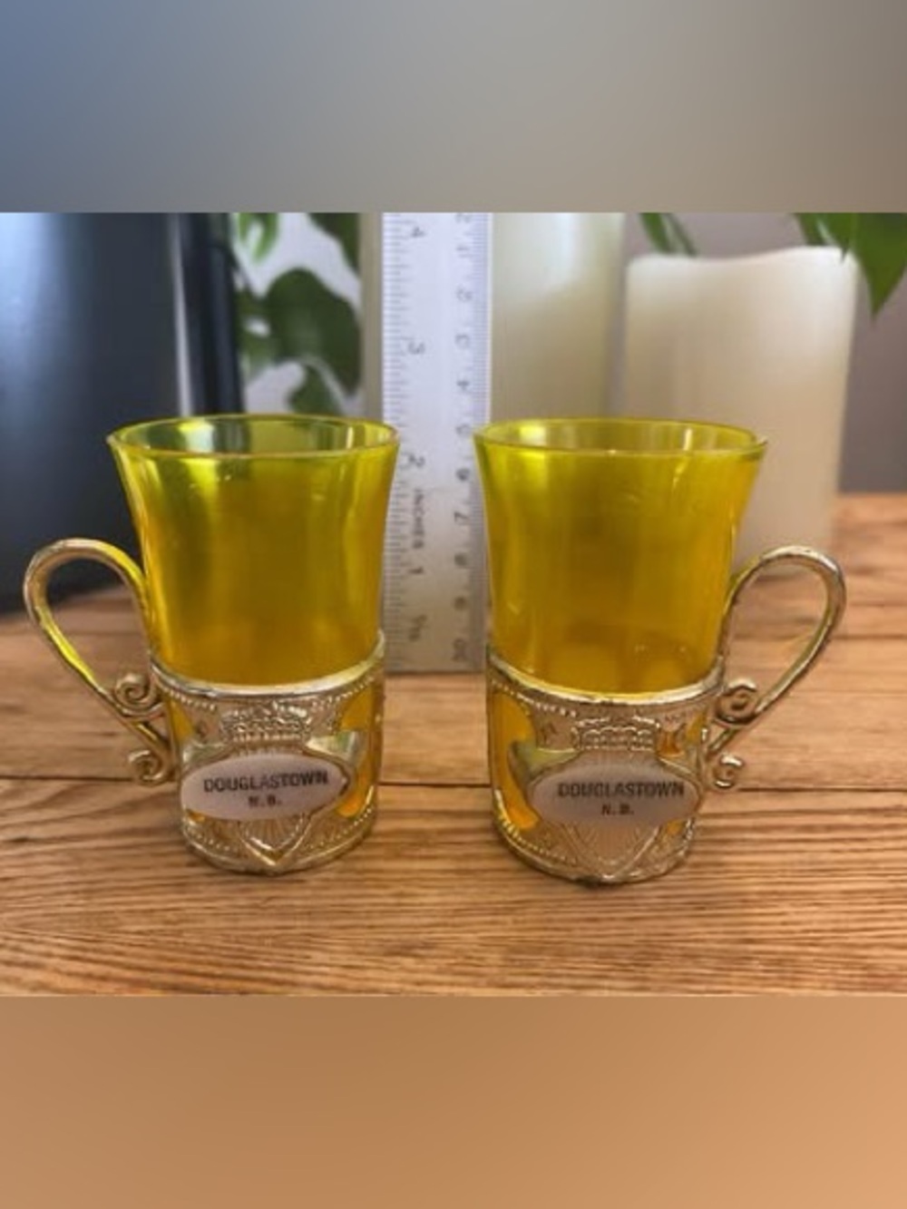 Vintage Douglastown NB Yellow Plastic Mini Tankard Shot Glasses Gold Caddy Pair